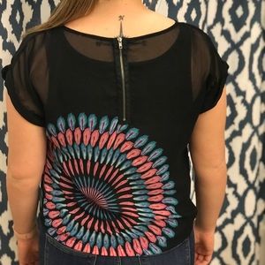Black Top with Feather Design